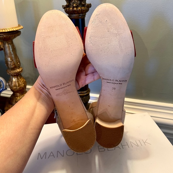 EUC Manolo Blahnik Lauratomod Velukid Block Heel Sandals Tan Rusty Red 38 or 8 - Picture 8 of 10